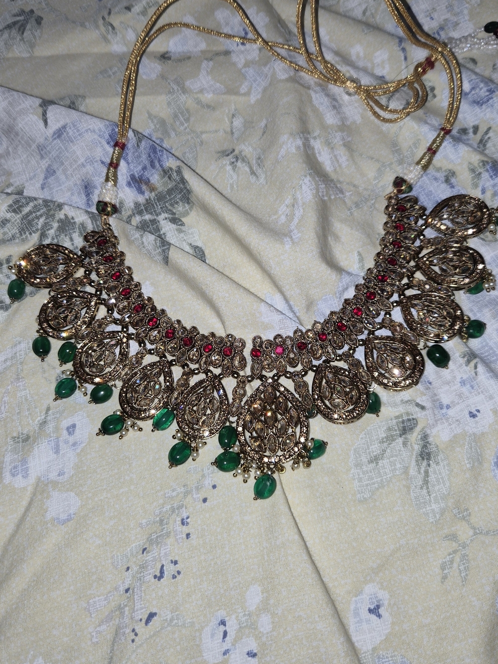 Merake Gold Filigree Necklace with Green Stone Drops